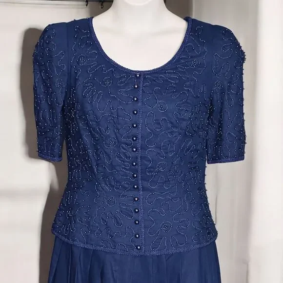 Vintage Sarah Elizabeth Long Blue Dress Beaded Special Occasion Cottage Size 10 - Picture 2 of 11
